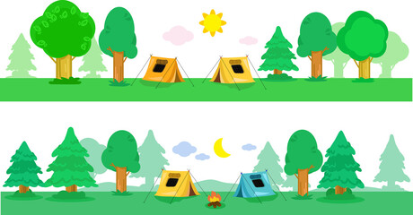 Obraz na płótnie Canvas Tens in camping, seamless banner vector illustration