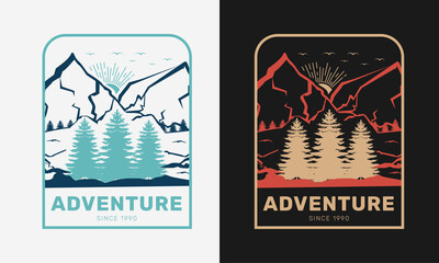 adventure awaits trees with mountains and sun rise camping logo label emblem with colour variant for t-shirt design and many others, vector illustration