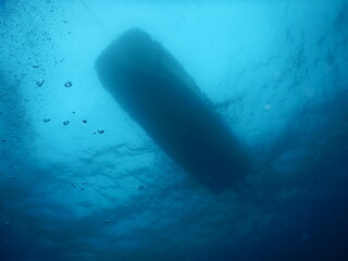 伊豆の海でダイビング中に水中から眺めた水面に浮かぶボート