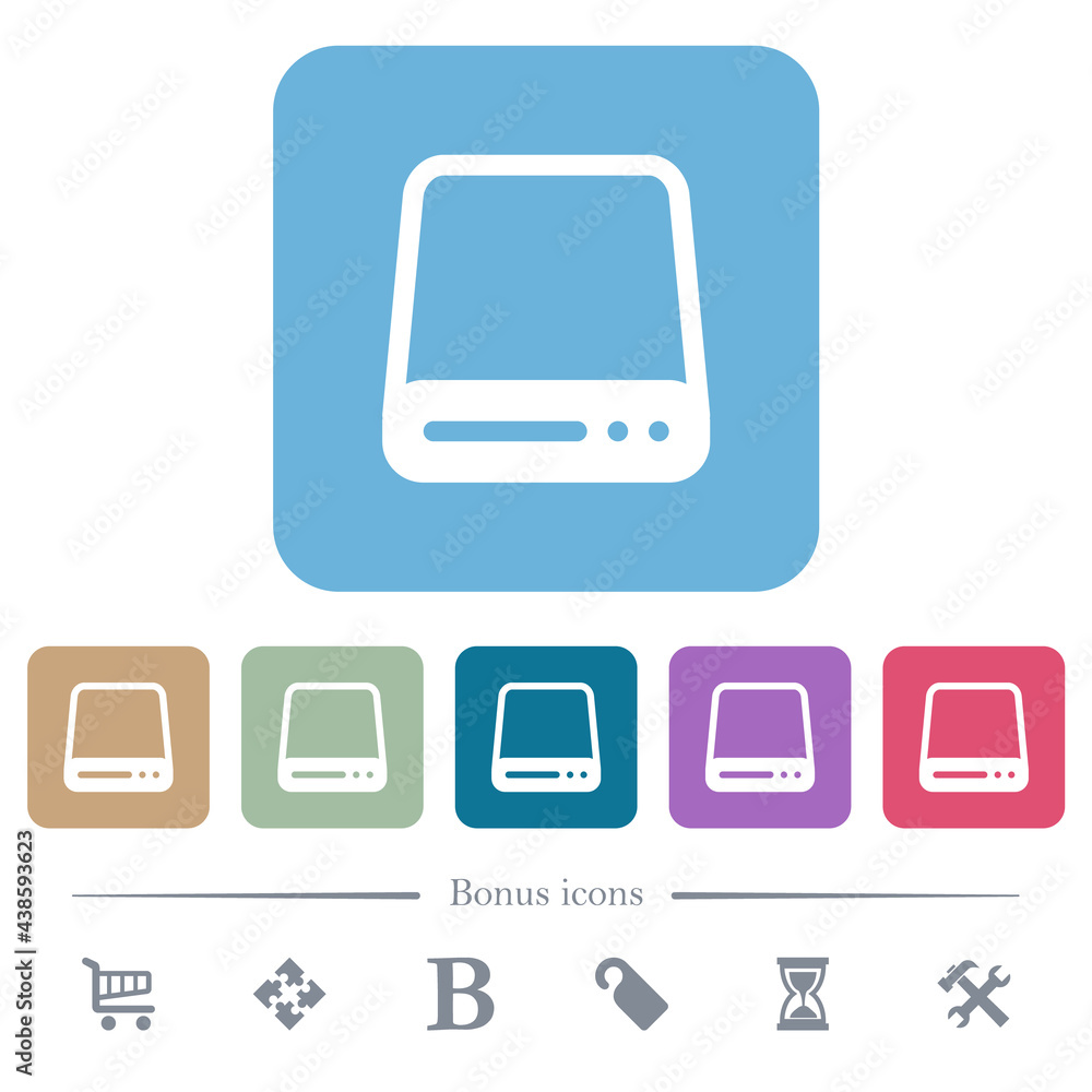 Poster hard disk drive flat icons on color rounded square backgrounds