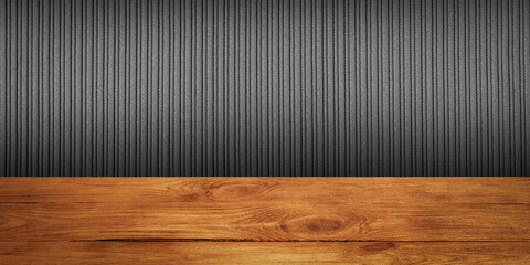 The background is blank wooden boards and a textured striped wall with gradient lighting and vignetting.