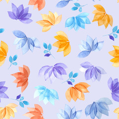 Abstract hand-drawn floral seamless pattern of transparent yellow, orange, red, blue, purple   flowers and blue twigs isolated on a light lilac background