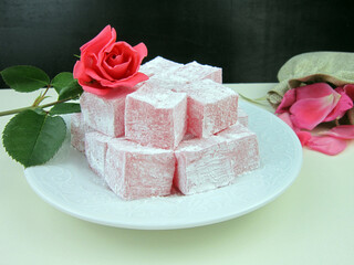     Turkish delight, rose flavored Turkish delight on the plate.
