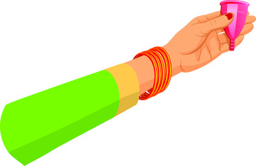 Illustration of an Indian woman  hand holding reusable silicon Menstrualcup