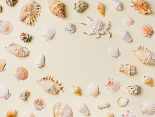 Frame border with collection of seashells and snails ordered in a circle isolated on a sandy beige background. Creative sea summer vacation concept. Flat lay, top view.