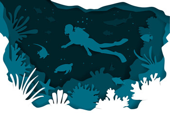 digital paper cut style underwater deep sea background with scuba diver fishes and coral reefs vector illustration texture