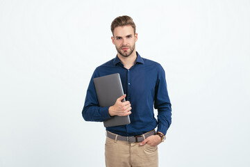 office manager isolated on white. concept of agile business. unshaven man working online