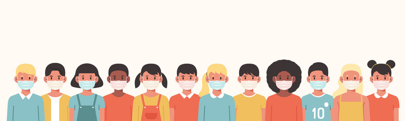 group of children character wearing surgical or medical face mask to prevent virus spreading, disease, flu, and air pollution, back to school, vector flat illustration