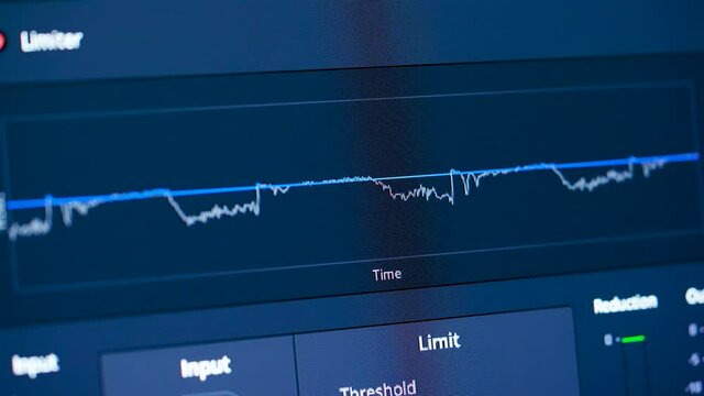 Audio waveform equalizer. Sound recording studio audio wave on computer screen in professional editing program for voice, vocal, dj musical mixing. Audio editing in the recording studio. Close up.