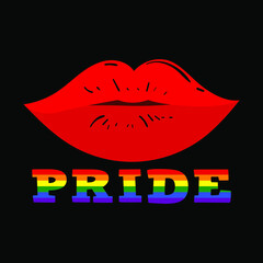 Red lips and the inscription pride in the colors of the LGBT flag on a black background, vector illustration