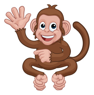 Monkey Cartoon Animal Waving and Pointing