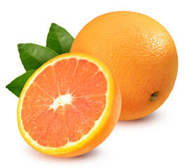 Orange fruit with orange slices on white background With clipping path. Orange or mandarin tangerine isolated on white background, 