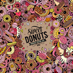 Naklejka premium Donuts hand drawn vector doodles illustration. Sweets frame card design.