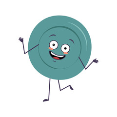 Cute plate character with emotions dancing, smile face, arms and legs. The funny, happy or smile hero, joyful dish with eyes for a cafe. Vector flat illustration