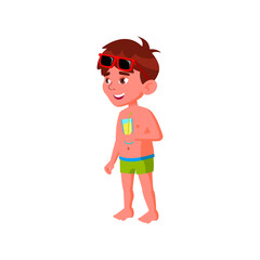 happy little boy with juice resting near swimming pool cartoon vector. happy little boy with juice resting near swimming pool character. isolated flat cartoon illustration