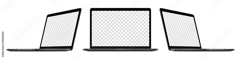 Poster realistic laptop device perspective mockup set : front view, sideways view. isolated dark grey compu