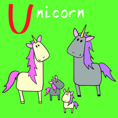 Funny Animal Family Alphabet, Letter U - unicorn