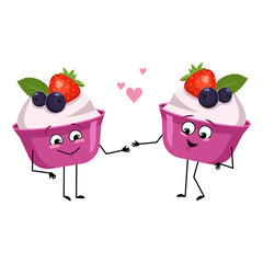 Cute cake or yogurt characters with love emotions, smile face, arms and legs. The funny or happy sweet food heroes with hearts fall in love. Vector flat illustration