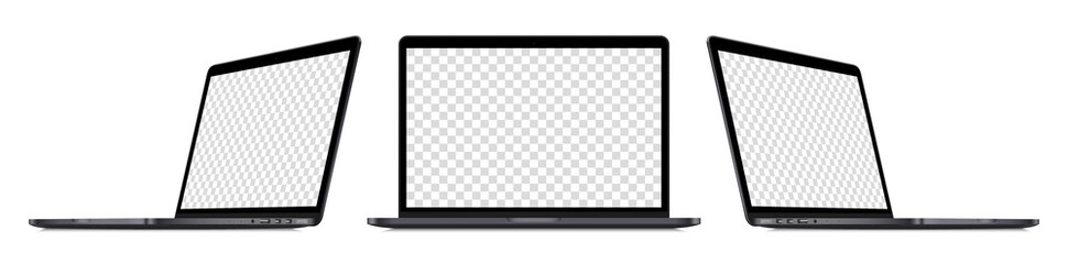 Realistic laptop device perspective mockup set : front view, sideways view. Isolated dark grey computer with empty screens on white background. Editable blank screen mock-up. Vector illustration.