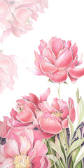banner for internet advertising vertical background with bright pink peonies flowers with place for text