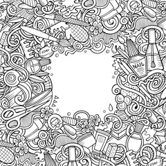 Bathroom hand drawn vector doodles illustration. Bath room frame card design.
