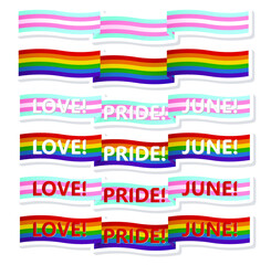 A month of gay pride. Flat design signs. LGBT and transgender flag. LGBTQ + symbology. The slogan "Love! Pride! June!" 