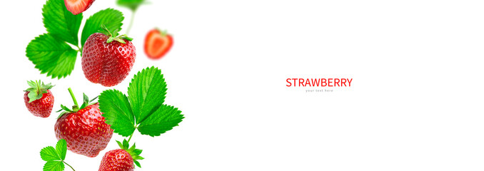 Ripe fresh flying red strawberry, green leaves isolated on white background. Strawberry pattern Summer delicious sweet berry organic fruit food diet vitamins creative layout. Whole and halved berries