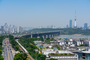 Wuhan city .Panoramic skyline and buildings beside yangtze river.