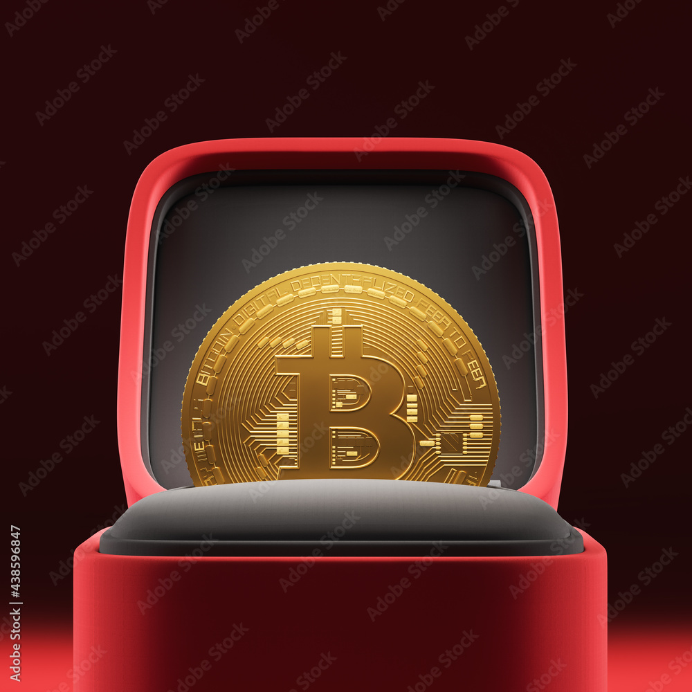Aufkleber gold bitcoin coin in a red box from a ring on a dark background. close-up. cryptocurrency. mining. t