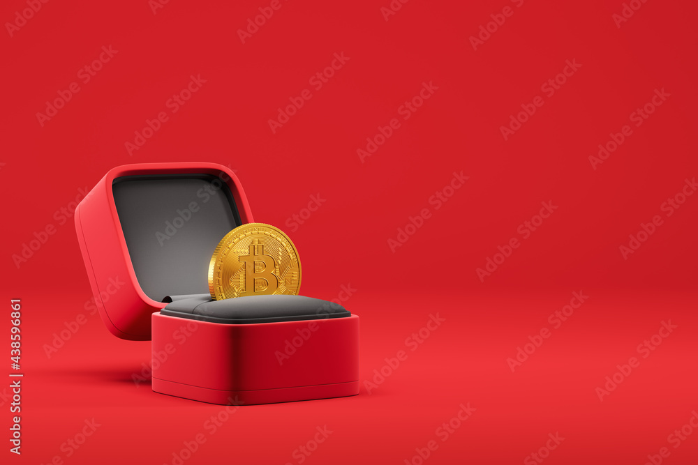 Aufkleber gold bitcoin coin in a red box from a ring on a dark background. cryptocurrency. mining. trading. in