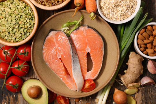 health food selection- salmon, fruit and vegetable