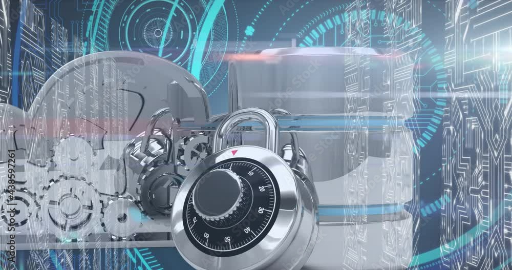Poster database server and microprocessor connections against neon round scanner on blue background