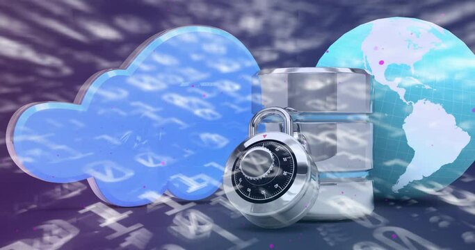Binary coding data processing over database server, globe and cloud icon against purple background
