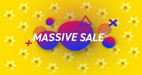 Animation of massive sale text over shapes and flowers in background - Powered by Adobe