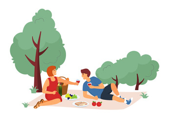 Vector illustration of rest in the city park. Young man and girl relaxing on a picnic on the grass. Outdoor activities. Vector illustration