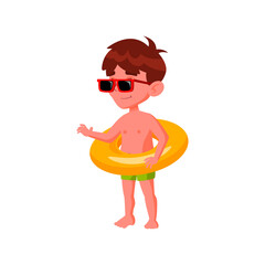 caucasian boy wearing sunglasses swimming in pool with lifebuoy cartoon vector. caucasian boy wearing sunglasses swimming in pool with lifebuoy character. isolated flat cartoon illustration