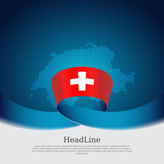 Switzerland flag, mosaic map on blue white background. Vector banner design, switzerland national poster. Cover for business booklet. Wavy ribbon with the swiss flag. State patriotic, flyer, brochure