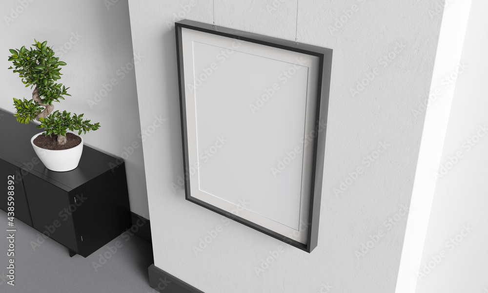 Poster blank mockup picture on white wall. 3d render. 3d image.