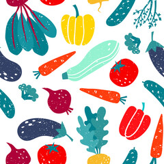 Vector seamless pattern with tomato, pepper, cucumber, eggplant and beetroot - 438598898