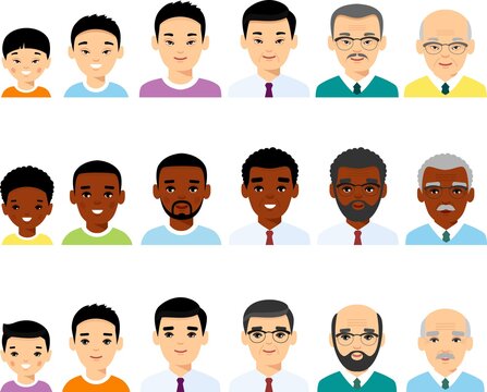 Set of african american, european, asian age group avatars man in colorful style.