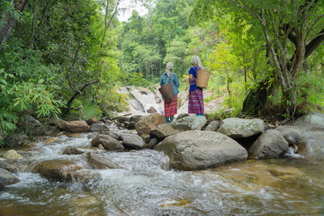 Karen tribe women with traditional dress at Sapun Waterfall. Nature of Nan in natural park,...