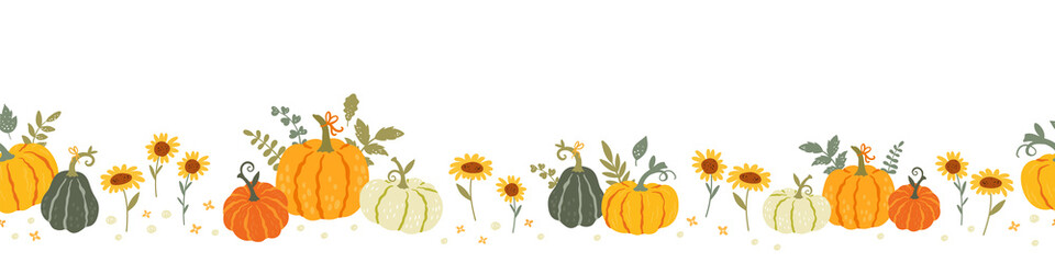 Cute hand drawn pumpkin horizontal seamless pattern, hand drawn pumpkins - great as Thanksgiving background, textiles, banners, wallpapers, wrapping - vector design