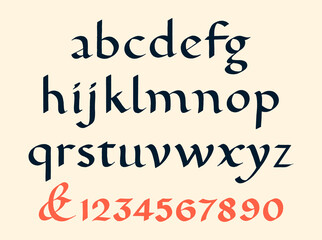 Carolingian Minuscule Alphabet Hand-Drawn Calligraphy Medieval Alphabet. Hand Drawn Vintage font. Full Alphabet set with numbers. Vector Lettering Typography.