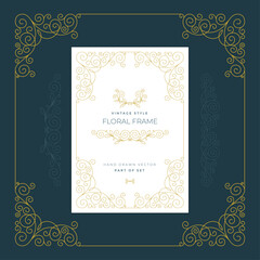 Vintage style floral frame, ornaments and with design elements set. Retro greeting card, invitation, certificate, diploma, label and menu templates. Part of set.