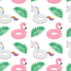 Beautiful seamless tropical pattern with Inflatable ring object with cute flamingo and unicorn shaped on a white background. Abstract summer texture. Design for fabric, wallpaper, textile and decor.