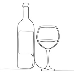 Continuous one line drawing with bottle and glass of wine isolated on white background. Vector illustration. Black line art on white background.