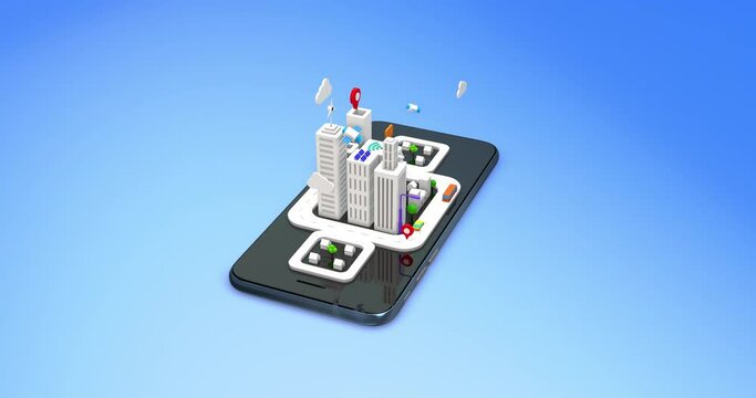Cartoon Isometric 3D Smart City Concept. Futuristic Life On Smart Tablet. Perfect Loop. Technology Related 3D 4K Motion Graphics.