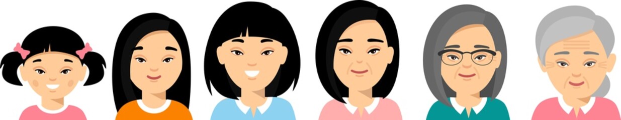 Set of asian age group avatars woman in colorful style. All age group of chinese female.