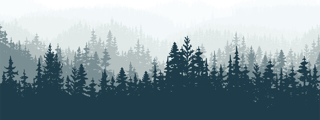 Horizontal banner of forest background, silhouettes of trees. Magical misty landscape, fog. Blue and gray illustration. Bookmark. 