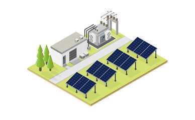 solar cell energy, solar cell power plant in isometric graphic